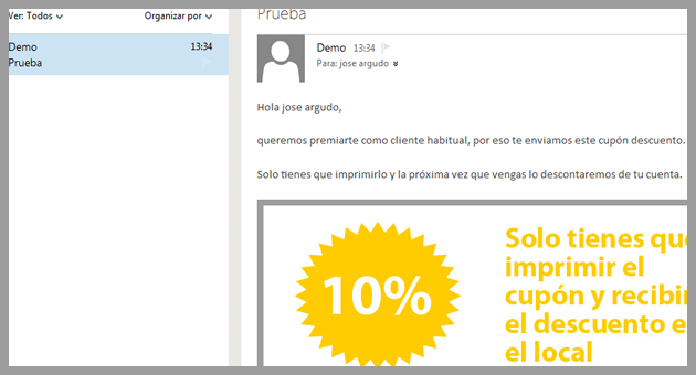Ejemplo de email recibido con un cupón de descuento