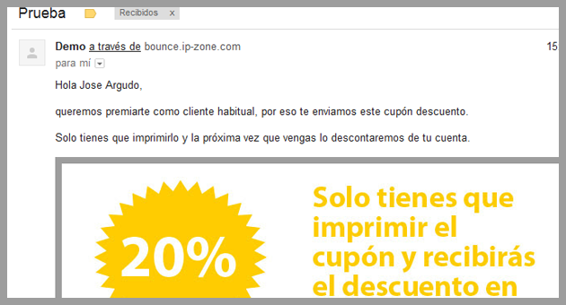 Otro ejemplo de email recibido con un 20% de descuento