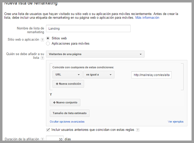 Seleccionando la landing para la nueva lsita de remarketing Seleccionando la landing para la nueva lsita de remarketing