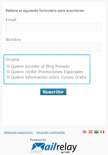 Grupos para el formulario Grupos para el formulario