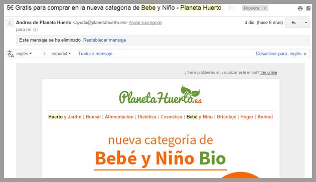 Ejemplo de campaña de autoresponders de planeta-huerto