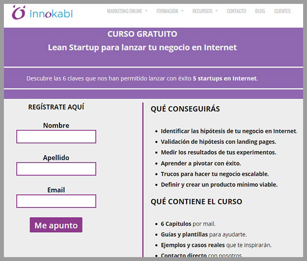 Ejemplo de landing para crear curso por email Ejemplo de landing para crear curso por email