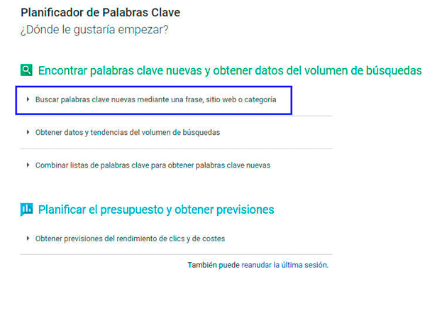 Planificador de palabras clave Planificador de palabras clave
