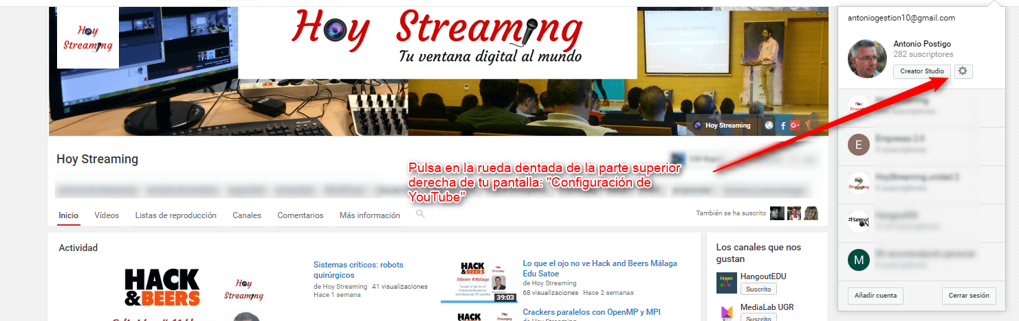 Entra en el menú de configuración de YouTube