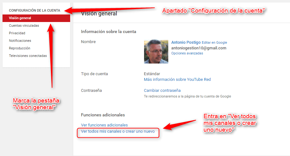 Menú para crear el canal de Youtube