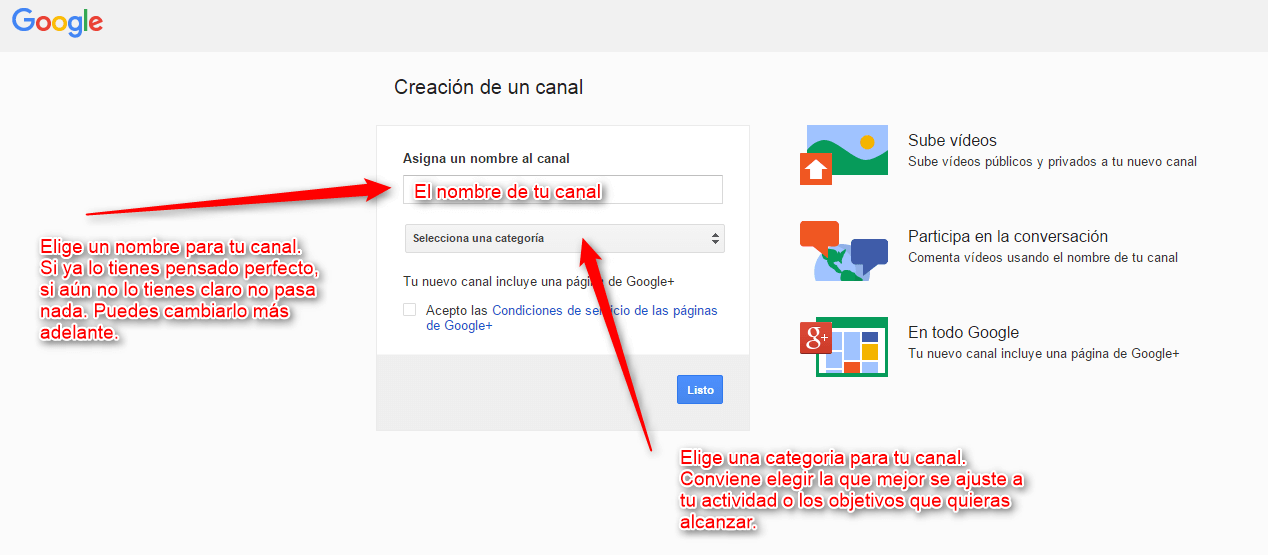 Elige el nombre de tu canal de Youtube