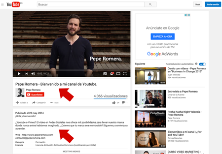 Esquema de título y descripción en Youtube