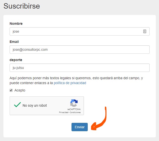 probando el formulario de suscripción