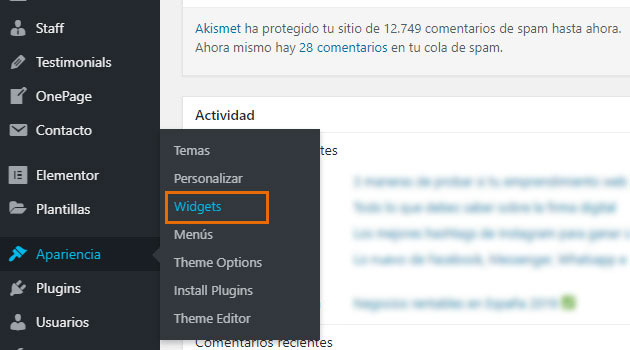 WordPress, dirigirte a “Apariencia” y hacer clic sobre “Widgets” WordPress, dirigirte a “Apariencia” y hacer clic sobre “Widgets”