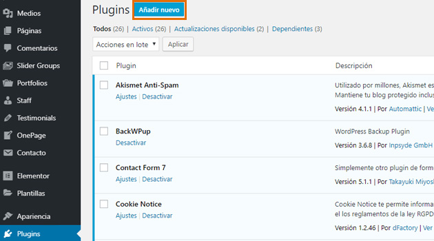 plugins y hacer clic en “añadir nuevo”