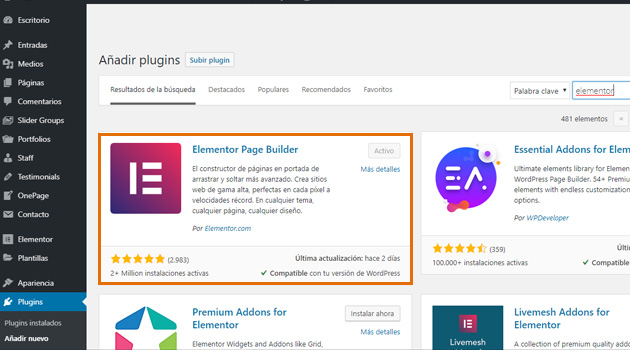 Busca en el repositorio de WordPress “Elementor Page Builder” y haz clic en Instalar.