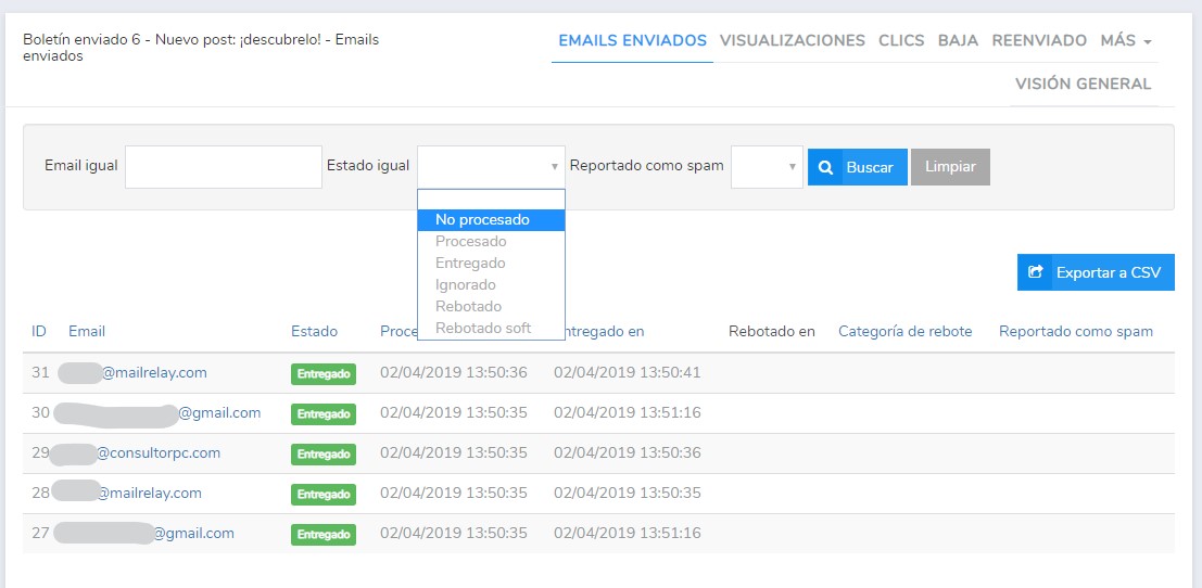 estado de los emails de una newsletter enviada estado de los emails de una newsletter enviada