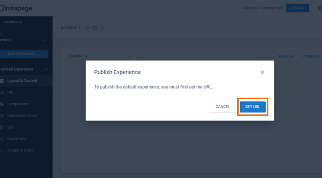 Para publicar de manera definitiva deberás configurar la URL de tu página