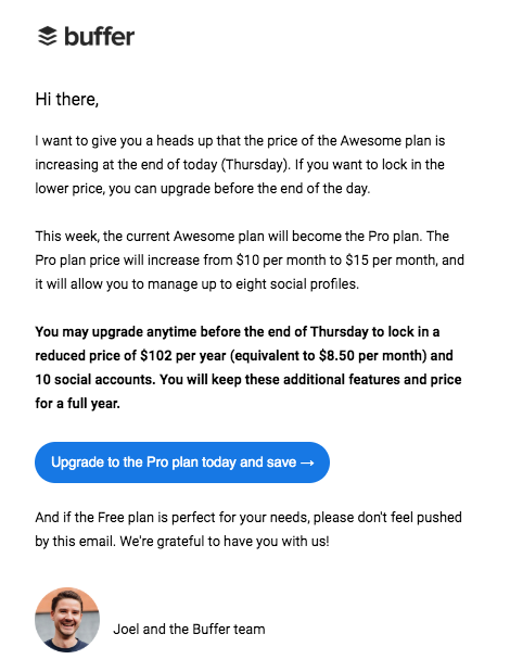 Ejemplo de mailing de upselling de Buffer 