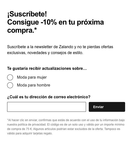 ejemplo de formulario de suscripción Zalando
