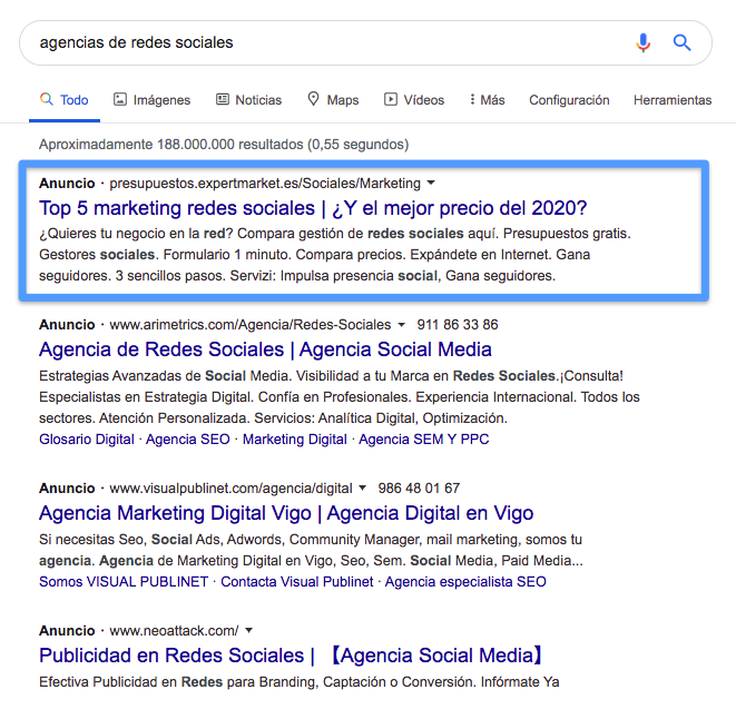 Ejemplo de Google Ads (esta vez, para una consulta más específica) Ejemplo de Google Ads (esta vez, para una consulta más específica)