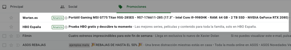 Ejemplo de anuncios de Gmail en la bandeja de entrada Ejemplo de anuncios de Gmail en la bandeja de entrada