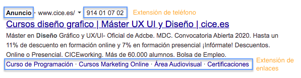 Ejemplo de anuncio de Google Ads con extensiones Ejemplo de anuncio de Google Ads con extensiones