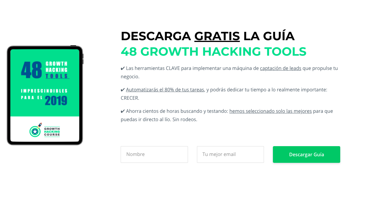 Ejemplo de lead magnet con formulario de suscripción de Growth Hacking Course