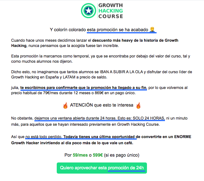 Ejemplo de email comercial con efecto «última llamada» Ejemplo de email comercial con efecto «última llamada»