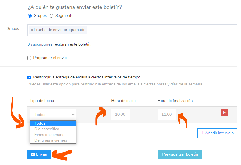 envío de mailing en intervalo restringido