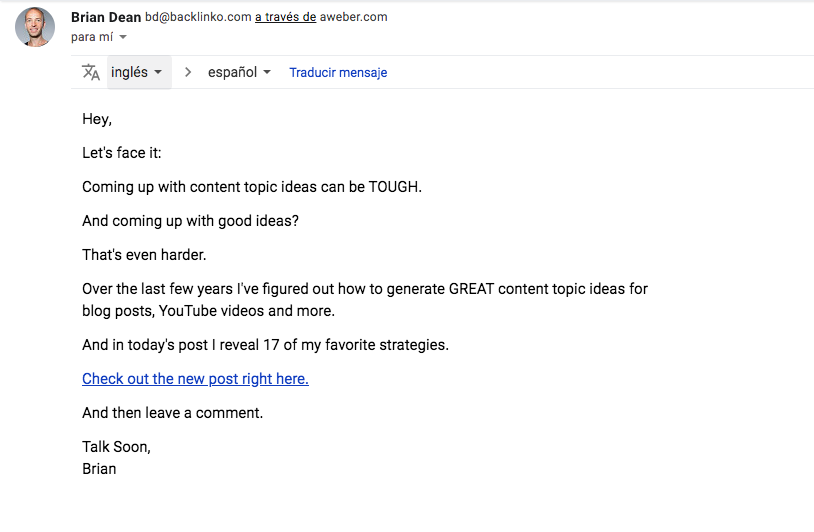 Texto de email de Backlinko
