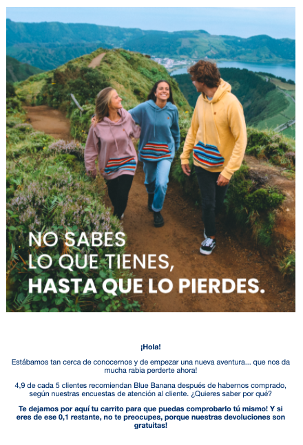 Ejemplo de email de carrito abandonado de Blue Banana