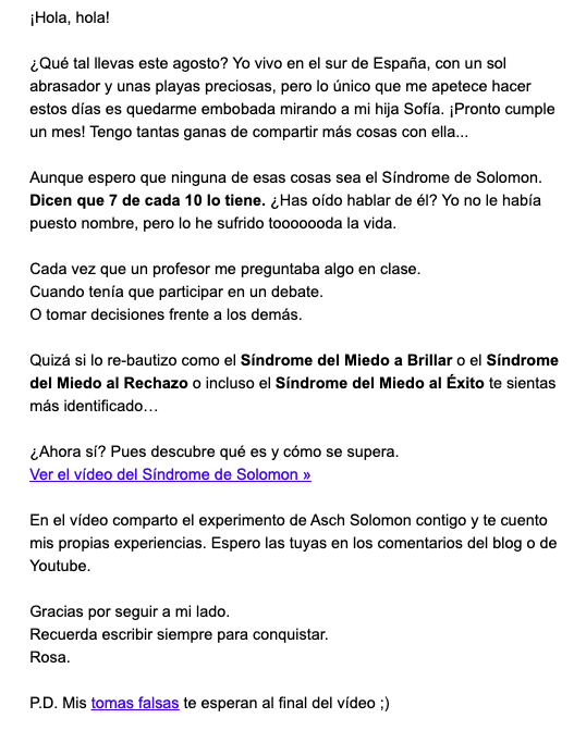 Ejemplo de email de contenido de Rosa Morel