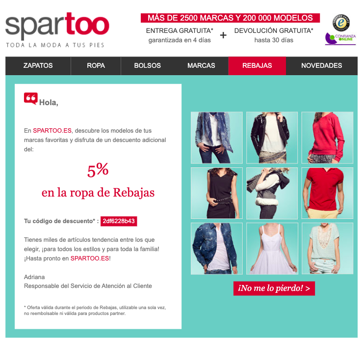 Ejemplo de email promocional de Spartoo