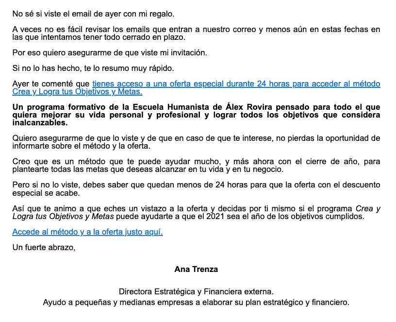 Ejemplo de email de follow-up de Ana Trenza