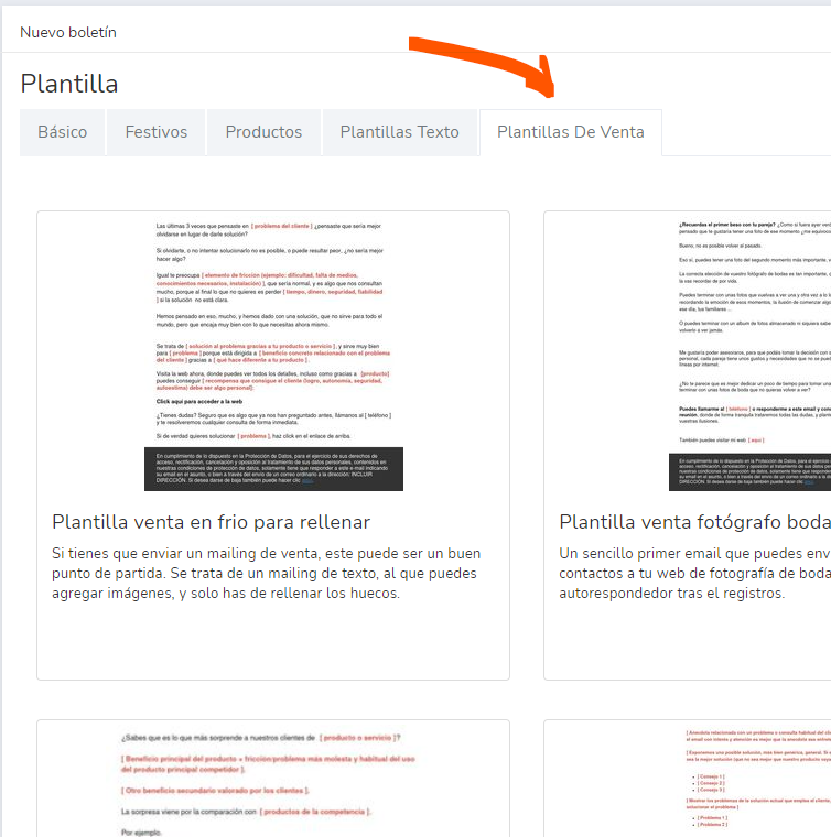 selección de plantillas de mailing