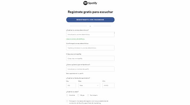 Formulario de landing page de Spotify (Fuente: Spotify.com)