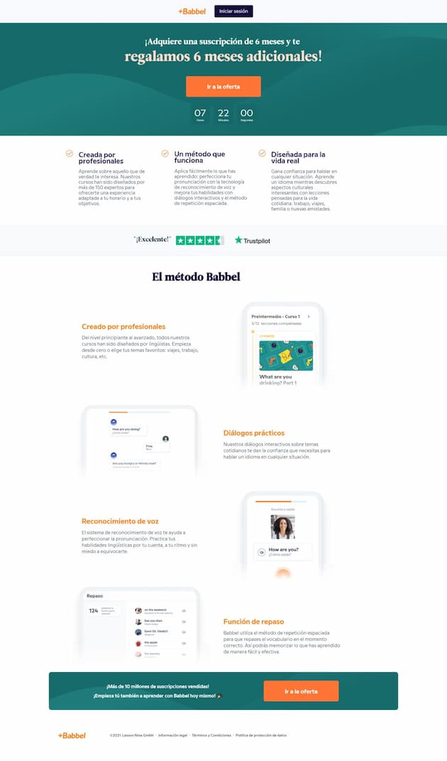 Ejemplo de landing page de Babbel