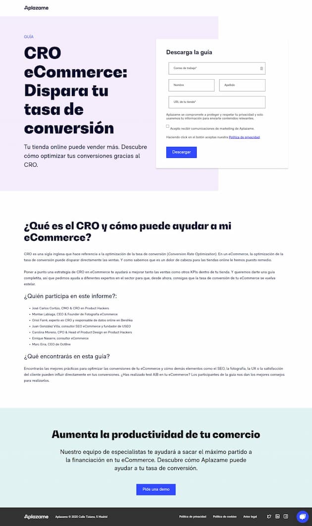 Ejemplo de landing page de Aplázame