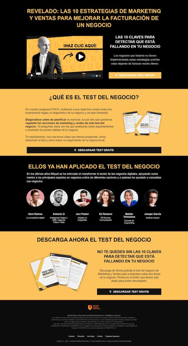 Ejemplo de landing page de Escuela de Nuevos Negocios